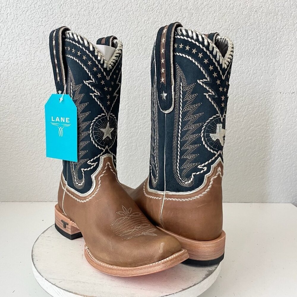 Lane Rodeo Houston Mens Cowboy Boots Brown Navy Square Toe 12.5" Size 10